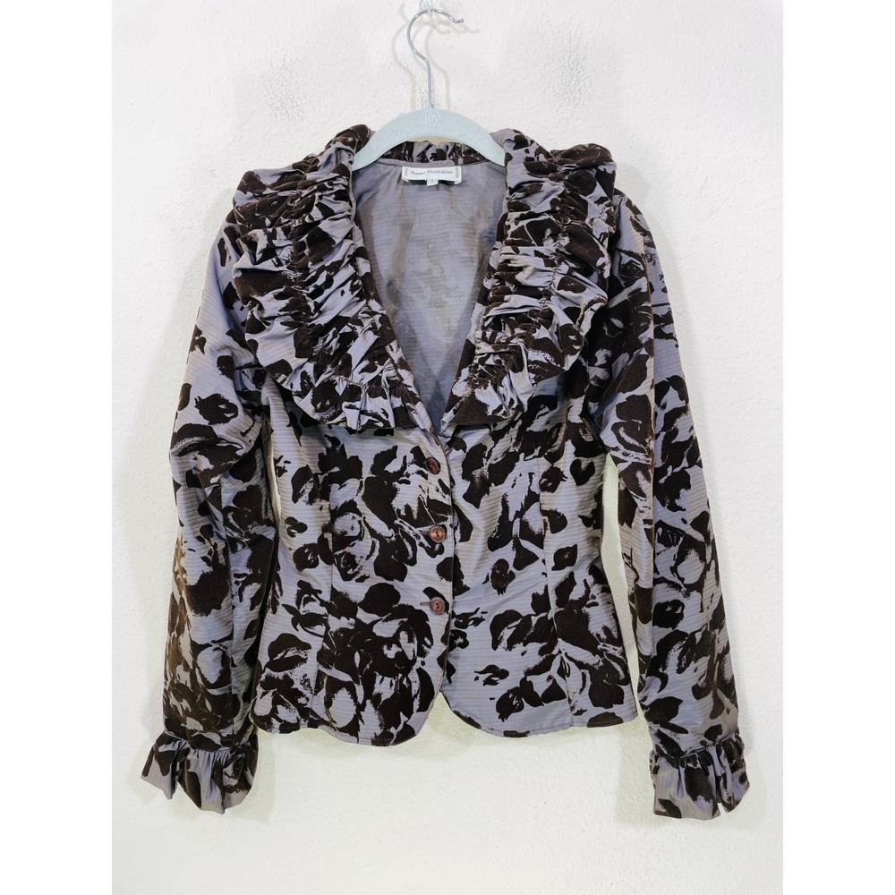 Anne Fontaine Shai Size 1 Floral Jacket Blazer Ruffled Collar Purple Brown Velve